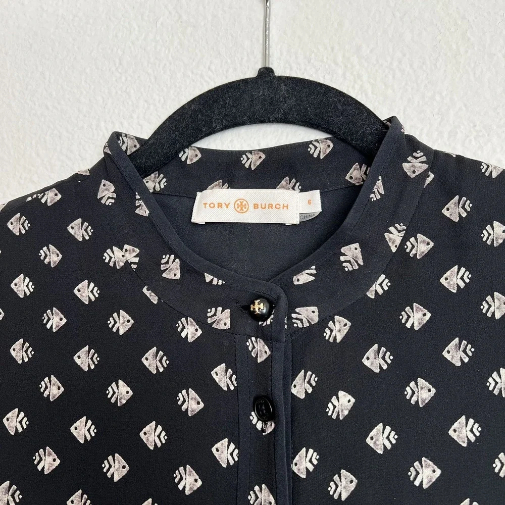 TORY BURCH Seymour Silk Georgette Mini Dress Size 6 Geometric Fish Print Tiered - Picture 9 of 11